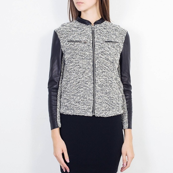 NWOT Maje Chantillon Leather and Tweed Jacket Black White French Designer Small - Picture 1 of 13